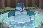 anthro bathing belly big_belly blue_body blue_fur canid canine canis forest forest_background fur hair hi_res hot_spring looking_at_viewer male mammal moobs nature nature_background navel open_mouth outside overweight overweight_anthro overweight_male partially_submerged plant purple_hair rock rodraccoon smile tree water wet wolf yukon