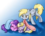  amber_eyes amethyst_star_(mlp) blanket blonde_hair blush chibi-jen-hen derpy_hooves_(mlp) dinky_hooves_(mlp) equine eyes_closed female feral friendship_is_magic fur grey_fur group hair hi_res horn horse mammal my_little_pony pegasus pink_fur plain_background pony purple_fur purple_hair signature sleeping unicorn wings 