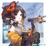  1girl brown_hair chiori_(genshin_impact) choker commentary_request genshin_impact gloves grey_gloves grey_kimono haori holding holding_sword holding_weapon japanese_clothes kimono long_hair looking_at_viewer off_shoulder open_mouth orange_eyes ponytail qi_ye_zhu_sky sleeveless sleeveless_kimono solo sword upper_body weapon 
