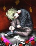  1boy amami_rantaro antenna_hair black_bracelet blood blood_stain blue_footwear blue_shirt blue_sleeves brown_pants checkered_floor closed_mouth commentary danganronpa_(series) danganronpa_v3:_killing_harmony english_commentary eyelashes fingernails flower full_body glitch green_eyes green_hair hair_over_one_eye hand_on_own_leg head_tilt highres interlocked_fingers jewelry light_smile long_sleeves male_focus male_underwear male_underwear_peek multiple_rings own_hands_clasped own_hands_together pants pendant pink_blood red_flower red_rose ring rose shirt shoes short_hair signature sitting sleeves_past_elbows solo string string_of_fate striped_clothes striped_shirt thorns ticket underwear vertical-striped_sleeves white_male_underwear wibboo 
