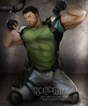  1boy artist_name bara black_gloves black_hair blush bound bound_wrists chris_redfield closed_mouth cuffs facial_hair fingerless_gloves gloves green_shirt grey_pants handcuffs highres kagami06art kneeling large_pectorals looking_at_viewer male_focus muscular muscular_male paid_reward_available pants patreon_username pectorals resident_evil resident_evil_5 restrained shirt short_hair solo twitter_username 