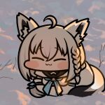  1girl :3 ahoge animal_ear_fluff animal_ears blue_neckerchief blush_stickers braid breasts chibi closed_eyes commentary fox_ears fox_girl fox_tail full_body hair_between_eyes hololive jazz_jack lowres medium_breasts neckerchief shirakami_fubuki shirt side_braid sidelocks single_braid sitting snow solo tail virtual_youtuber white_hair white_shirt wide_face 