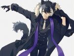  1boy animal_ears black_coat black_gloves black_hair clenched_teeth coat commentary_request dressing fang fur-trimmed_coat fur_trim gloves hair_between_eyes half_gloves holostars jackal_boy jackal_ears jackal_tail kageyama_shien kageyama_shien_(1st_costume) looking_to_the_side male_focus multicolored_hair necktie rozu_ki short_hair solo standing teeth two-tone_hair upper_body virtual_youtuber white_background white_hair white_necktie yellow_eyes 