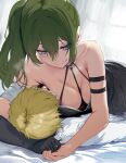 1boy 1girl absurdres alternate_breast_size arm_strap assertive_female bare_shoulders bed blonde_hair breasts choker cleavage collarbone girl_on_top glasses green_hair hair_between_eyes heavy_breathing hetero hews highres land_(sousou_no_frieren) large_breasts licking licking_armpit lying on_back on_bed purple_eyes side_ponytail sketch smile sousou_no_frieren ubel_(sousou_no_frieren) 
