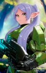  1girl armor artist_name assault_rifle blurry blurry_background bullpup dangle_earrings earrings english_commentary frieren green_eyes gun hair_over_shoulder halo:_combat_evolved halo_(series) highres holding holding_weapon jafet_meza jewelry long_hair looking_at_viewer ma5 parted_bangs power_armor rifle smile solo sousou_no_frieren spartan_(halo) thick_eyebrows twintails twitter_username weapon white_hair 