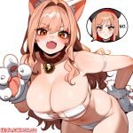  1girl animal_ears animal_hands arm_strap bell beret bikini breasts brown_hair cat_ears cleavage collar eyepatch_bikini gloves goddess_of_victory:_nikke hat highres hiita_(hitta_99) huge_breasts leaning_forward looking_at_viewer multiple_views navel neck_bell open_mouth orange_eyes paw_gloves rapi_(nikke) skindentation solo speech_bubble swimsuit white_background white_bikini 
