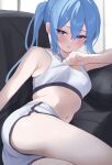  1girl :o armpit_peek ass blue_eyes blue_hair blush breasts clothes_lift couch cowboy_shot dot_nose fawny from_side gym_shorts hair_between_eyes half_updo highres hololive hoshimachi_suisei indoors legs_together long_hair looking_at_viewer lying navel on_couch on_side open_mouth ponytail short_shorts shorts sidelocks small_breasts solo sports_bra sports_bra_lift stomach thighs virtual_youtuber white_shorts white_sports_bra 