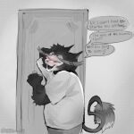 2024 anthro black_body black_fur blush bottomwear catatex_69 clothing comic demon dialogue digital_media_(artwork) door english_text eyes_closed felid feline fur grey_body grey_bottomwear grey_clothing grey_fur grey_pants grey_shirt grey_t-shirt grey_tail grey_topwear hazbin_hotel hi_res husk_(hazbin_hotel) listening male mammal open_mouth open_smile pants shirt smile solo speech_bubble t-shirt tail tail_tuft text topwear tuft