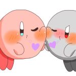 2boys blowing_kiss blue_eyes blush colored_skin grey_footwear grey_skin hand_on_own_hip heart kirby kirby_(series) looking_at_viewer male_focus multiple_boys one_eye_closed pink_skin puckered_lips red_eyes red_footwear shadow_kirby simple_background standing white_background 