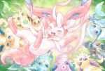  blue_eyes blush brown_eyes closed_eyes eevee espeon evolutionary_line fangs flareon fluffy forehead_jewel glaceon happy highres jolteon leafeon no_humans open_mouth pokemon pokemon_(creature) purple_eyes red_eyes remedy_matome ribbon sidelocks solo_focus sylveon umbreon vaporeon 