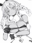  1girl :i absurdres arm_under_breasts bare_shoulders blush bow braid breasts cosplay detached_sleeves don-chan_(usada_pekora) gloves greyscale hair_between_eyes hair_bow highres hololive large_breasts long_hair looking_at_viewer monochrome nanashi_(nlo) pointy_ears pout puffy_detached_sleeves puffy_sleeves shiranui_flare short_sleeves simple_background solo sweatdrop twin_braids undersized_clothes usada_pekora usada_pekora_(1st_costume) usada_pekora_(cosplay) virtual_youtuber 