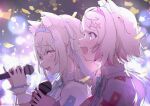  2girls alternate_costume animal_ears blonde_hair blue_eyes confetti dog_ears fang fuwawa_abyssgard glowstick hairband highres holding holding_microphone hololive hololive_english lens_flare long_hair microphone mitsuru_(pixiv_34028718) mococo_abyssgard multiple_girls music pink_eyes profile short_hair siblings singing twins virtual_youtuber wrist_cuffs 