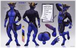 5_fingers abs anthro anus artist_name backsack balls biped black_body black_claws black_clothing black_fur black_hair black_harness black_hooves black_necktie black_nose black_tail black_underwear blue_anus blue_balls blue_body blue_fur blue_penis blue_tail blush bodily_fluids border bovid bulge butt canid canine canis caprine cheek_tuft claws clipboard clothing cufflings digital_media_(artwork) domestic_dog dripping english_text erection facial_tuft fingers fur genital_fluids genitals glans gold_markings gradient_background grey_background hair harness hi_res hooves horn humanoid_genitalia humanoid_penis husky hybrid kumir looking_at_viewer male mammal markings model_sheet muscular muscular_anthro muscular_male necktie nipples nordic_sled_dog nude one_eye_closed paper pecs penis pink_glans pink_nipples pose precum precum_drip precum_string simple_background solo spitz standing tail teeth text tuft underwear white_border writing_utensil yellow_hair_tips yellow_horn