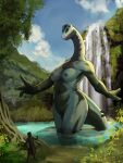 4_fingers absurd_res anthro breasts brontosaurus day detailed_background dinosaur diplodocid duo female fingers hattonslayden hi_res human larger_anthro larger_female long_neck male mammal nipples nude outside partially_submerged plant pond reptile sauropod scalie size_difference smaller_human standing tail tree water waterfall