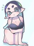  1girl all_fours arm_under_breasts black_one-piece_swimsuit blush breast_hold breasts cleavage collarbone halterneck hekoningyou_(waraningyou) highres inkling inkling_girl inkling_player_character large_breasts long_hair looking_at_viewer one-piece_swimsuit short_eyebrows solo splatoon_(series) swimsuit tentacle_hair 