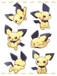  :d :o absurdres animal_focus brown_eyes closed_mouth colored_skin full_body handstand highres multiple_views neko_gyoza no_humans one_arm_handstand open_mouth pichu pokemon pokemon_(creature) sitting smile standing tail white_background yellow_skin 