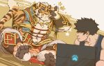  2boys abs adjusting_eyewear animal_ears bara barefoot black_hair black_shirt blue_eyes computer english_commentary furry furry_male glasses highres holding holding_laptop laptop lin_hu_(nekojishi) lin_tianliao_(nekojishi) looking_at_another looking_at_screen male_focus multiple_boys muscular muscular_male nekojishi pawpads pectorals shirt sitting sleeveless sleeveless_shirt star_(symbol) sweatdrop tail tiger_boy tiger_ears tiger_stripes tiger_tail tigerlukke 