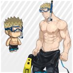  1boy abs absurdres bara beard_stubble bodysuit chibi cowboy_shot diving_mask diving_suit ero_condo facial_hair frown goggles goggles_on_head groin highres kienbiu large_pectorals looking_at_viewer male_focus muscular muscular_male navel nipples official_alternate_costume paid_reward_available pectorals penis penis_peek punt_(kienbiu) shaved_body short_hair simple_background solo standing stomach stubble topless_male wet wetsuit 