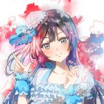  1girl absurdres black_hair blue!_(love_live!) blush clenched_hand closed_mouth collarbone commentary_request finger_gun frilled_shirt frills grey_eyes head_tilt highres long_hair looking_at_viewer love_live! love_live!_nijigasaki_high_school_idol_club shirt sidelocks signature smile solo takuto_(user_zgkw8352) upper_body wrist_cuffs yuki_setsuna_(love_live!) 