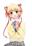  blonde_hair bow dated green_eyes happy_birthday kamikita_komari little_busters! long_hair misaki_juri necktie pink_bow ribbon school_uniform short_hair 