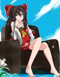  bare_legs bow brown_hair cafekun couch day detached_sleeves flower hair_bow hair_tubes hakurei_reimu highres long_hair looking_at_viewer red_eyes sitting sky solo touhou 