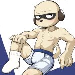 ahseo anthro athletic athletic_male blush bulge clothed clothing herpestid hi_res kenshiro_daimon_(odd_taxi) male mammal meerkat odd_taxi simple_background solo topless topless_male underwear white_background