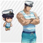  1boy absurdres bandana_around_arm bara bracelet character_request chibi cowboy_shot crossed_arms dark-skinned_male dark_skin ero_condo forearms frown hat highres jewelry kienbiu long_sideburns looking_ahead male_focus muscular muscular_male necklace official_alternate_costume paid_reward_available pants pectorals sailor_collar sailor_hat sailor_shirt scar scar_on_arm shell shell_necklace shirt short_hair sideburns simple_background solo standing tied_sleeves 