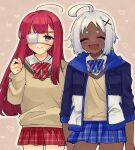  2girls ahoge aya_(project_moon) blue_bow blue_bowtie blue_jacket blush bow bowtie closed_eyes closed_mouth collared_shirt cowboy_shot dark-skinned_female dark_skin eyepatch hair_ornament happy highres jacket limbus_company medical_eyepatch multiple_girls nantekottawo!! open_mouth plaid plaid_skirt pleated_skirt project_moon red_bow red_bowtie shirt short_hair skirt smile sweater sweater_vest white_hair white_shirt x_hair_ornament yellow_sweater yellow_sweater_vest yuri_(project_moon) 