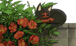  black_fur cat closed_eyes flower leaf litten lying mashita._(mentaiko_omoti) on_wall outdoors plant pokemon pokemon_(creature) red_fur solo tail two-tone_fur white_background 