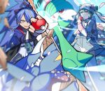  2girls aqua_hair beanie blue_hair choker claws dragon fangs garchomp gardevoir glorious_day_(vocaloid) green_hair hat hatsune_miku holding holding_poke_ball long_hair multiple_girls nikuta open_mouth poke_ball pokemon ponytail project_voltage red_eyes smile spiked_choker spikes twintails vocaloid yellow_eyes 