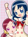  2girls arm_up blue_background blue_eyes blue_hair blush_stickers bow bowtie buttons clenched_hands collared_dress cowboy_shot dress eyelashes fist_pump flower gakusenya hair_flower hair_ornament hanasaki_tsubomi hand_on_own_chest heartcatch_precure! highres kurumi_erika long_hair long_sleeves looking_ahead looking_at_another looking_up low_twintails multiple_girls myoudou_gakuen_middle_school_uniform open_mouth pink_eyes pink_hair plaid plaid_background precure red_background red_bow red_bowtie sailor_collar school_uniform simple_background smile twintails two-tone_background upper_body wavy_hair white_sailor_collar yellow_dress yellow_flower yellow_sleeves 