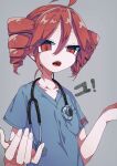  1girl absurdres ahoge alternate_costume blue_shirt drill_hair fingernails grey_background hair_between_eyes hands_up highres kasane_teto looking_at_viewer medical_scrubs mekziro open_mouth red_eyes red_hair shirt short_sleeves simple_background solo stethoscope twin_drills upper_body utau 