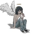  1boy angel angel_wings black_footwear black_hair blue_pants denim eating feathered_wings full_body halo jeans knees_up medium_hair original pants shoes simple_background sitting sneakers solo umi_ha_kirai white_background wings 