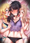  3girls bed bikini black_hair blonde_hair blush breasts darenenzinia grabbing grabbing_another&#039;s_breast group_sex hachimiya_meguru highres holding_hands idolmaster idolmaster_shiny_colors illumination_stars_(idolmaster) kazano_hiori licking licking_another&#039;s_neck licking_ear light_brown_hair lying multiple_girls navel on_back on_bed sakuragi_mano swimsuit threesome yuri 