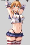  1girl :/ aqua_eyes armpits black_hairband black_neckerchief black_panties blonde_hair blue_sailor_collar blue_skirt blush breasts commentary_request cosplay crop_top elbow_gloves gloves grey_background hair_between_eyes hairband highleg highleg_panties highres kantai_collection large_breasts long_hair looking_at_viewer low_twintails microskirt midriff mizuki_(uzuki_no_sato) navel neckerchief one-hour_drawing_challenge panties prinz_eugen_(kancolle) sailor_collar shimakaze_(kancolle) shimakaze_(kancolle)_(cosplay) skirt solo striped_clothes striped_thighhighs thighhighs thong twintails twitter_username underwear white_gloves 