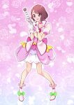  1girl absurdres ankle_boots back_bow bob_cut boots bow brown_hair choker commentary cure_grace dress floral_background full_body gloves hanadera_nodoka healin&#039;_good_precure highres holding holding_wand jacket looking_to_the_side magical_girl medium_dress mitsuki_tayura open_mouth pink_background pink_bow pink_choker pink_dress pink_footwear pink_jacket precure puffy_short_sleeves puffy_sleeves purple_eyes short_sleeves smile solo standing wand white_gloves 