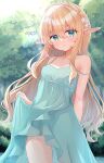  1girl blonde_hair blue_dress blue_eyes blush bow braid breasts brooch clothes_lift commentary_request commission dress dress_lift elf english_text flower hair_between_eyes hair_flower hair_ornament highres indie_virtual_youtuber jewelry lifted_by_self long_hair looking_at_viewer nature outdoors pointy_ears pout sese_nagi skeb_commission skirt_hold small_breasts smile soara_(vtuber) solo sunlight very_long_hair virtual_youtuber wet wet_clothes 