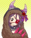  3: brown_eyes chain claws collar crescent eyepatch flower fur_trim hanatsuka hayasaka_mirei hood horns idolmaster idolmaster_cinderella_girls long_hair purple_hair ribbon solo striped striped_background 