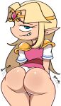 blonde_hair butt clothing elf female hair hi_res humanoid humanoid_pointy_ears hylian light_body light_skin long_hair looking_at_viewer looking_back looking_back_at_viewer nintendo not_furry panties princess_zelda simple_background smug solo sound_effects the_legend_of_zelda underwear vilepluff