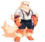 anthro arcanine barefoot big_bulge bottomwear bulge clothing feet fen_(kulplant) flaming_flagon generation_1_pokemon kulplant looking_at_viewer male muscular muscular_male nintendo pokemon pokemon_(species) shirt shorts smile solo suspenders topwear unbuttoned_shirt