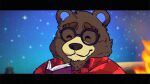 06junior11 2024 animal_crossing anthro bear biped book brown_body brown_fur clothing eyes_closed eyewear fire fur glasses grizzly_(animal_crossing) male mammal night nintendo shirt solo star topwear