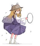  1girl blonde_hair brown_hat closed_mouth from_behind full_body hair_ribbon holding_hoop kasuya_baian long_hair long_sleeves looking_at_viewer looking_back moriya&#039;s_iron_rings moriya_suwako no_shoes purple_skirt purple_vest ribbon sidelocks simple_background skirt socks solo standing touhou v-shaped_eyebrows vest white_background white_sleeves white_socks wide_sleeves yellow_eyes 