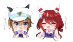  2girls absurdres animal_ears blue_eyes blush brown_hair cheval_grand_(umamusume) clenched_hands closed_eyes fidgeting hair_between_eyes hair_ornament hat highres horse_ears horse_girl long_hair looking_at_viewer melonpan_(d_5536) multiple_girls open_mouth portrait red_hair school_uniform simple_background tracen_school_uniform translation_request umamusume white_background win_variation_(umamusume) 