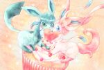  blue_eyes blush bow cupcake food glaceon green_eyes heart highres no_humans pokemon pokemon_(creature) remedy_matome ribbon sidelocks smile sylveon 