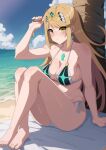  1girl absurdres ai-assisted arm_support beach bikini blanket blonde_hair blush breasts chest_jewel cleavage cloud cloudy_sky core_crystal_(xenoblade) crossed_legs drop_earrings earrings feet full_body gem guilegaze hand_in_own_hair headpiece highres jewelry large_breasts long_hair looking_at_viewer mythra_(xenoblade) on_ground outdoors sand side-tie_bikini_bottom sidelocks sitting sky solo swept_bangs swimsuit tiara water xenoblade_chronicles_(series) xenoblade_chronicles_2 yellow_eyes 