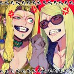  1boy 1girl absurdres anger_vein blonde_hair brother_and_sister face-to-face fate/grand_order fate_(series) glasses grin highres holding_hands long_hair ochi_gero quetzalcoatl_(fate) sharp_teeth siblings smile suit teeth tezcatlipoca_(fate) 