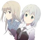  2girls absurdres blue_eyes blue_shirt closed_mouth collared_shirt commentary eila_ilmatar_juutilainen epaulettes green_eyes grey_necktie highres light_brown_hair long_hair looking_at_viewer medium_hair multiple_girls necktie purple_eyes sanya_v._litvyak shirt simple_background soha_(sirohase) strike_witches:_aurora_no_majo upper_body very_long_hair white_background white_shirt 