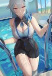  1girl :o adapted_costume bare_shoulders black_gloves black_hairband blue_hair breasts cleavage cleavage_cutout clothing_cutout covered_collarbone eula_(genshin_impact) genshin_impact gloves hairband highres indoors ippers large_breasts looking_at_viewer medium_hair on_ladder one-piece_swimsuit pool pool_ladder purple_eyes solo swimsuit two-tone_one-piece_swimsuit wet 