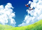  2girls ascot black_hair black_hat blonde_hair bow broom broom_riding cloud commentary_request day detached_sleeves dress flying frilled_bow frilled_hair_tubes frills from_below full_body gohei grass hair_bow hair_tubes hakurei_reimu hat hat_bow highres kirisame_marisa long_hair multiple_girls outdoors red_bow red_dress scenery skirt sleeveless sleeveless_dress touhou uzumibi white_bow white_skirt white_sleeves wide_shot witch_hat yellow_ascot 