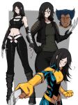  1boy 1girl absurdres animification blush bodysuit chain_belt claw_(weapon) claws highres kekel laura_kinney leather leather_pants long_hair marvel navel pants short_hair smile superhero_costume weapon wolverine x-23 x-men x-men_evolution yellow_bodysuit 